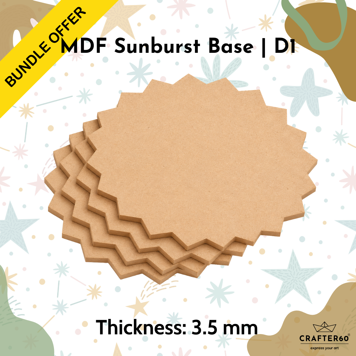 DIY MDF Sunburst Shape Base Bundle | Design 1 | 3.5mm Thick | Art & Craft Bases