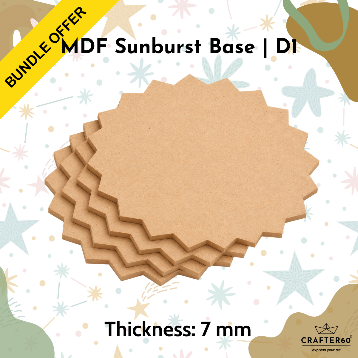 DIY MDF Sunburst Shape Base Bundle | Design 1 | 7mm Thick | Art & Craft Bases